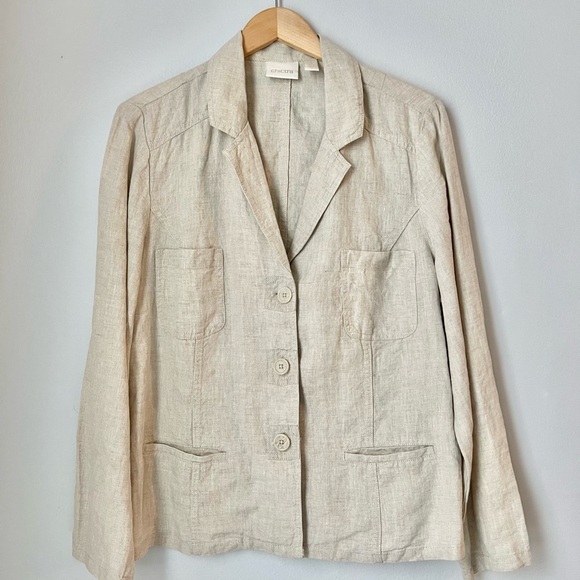 Chicos Sz 3 Womens Cream Natural 100% Button Down Multi Pocket Linen Blazer XL - Picture 1 of 5